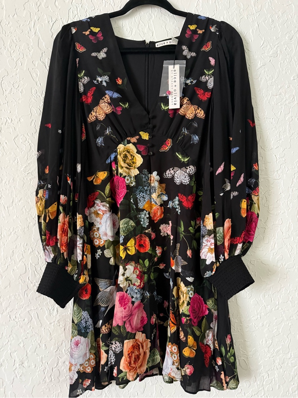 Alice + Olivia Irene Black Floral & Butterfly V-Neck Puff Sleeve Mini Dress